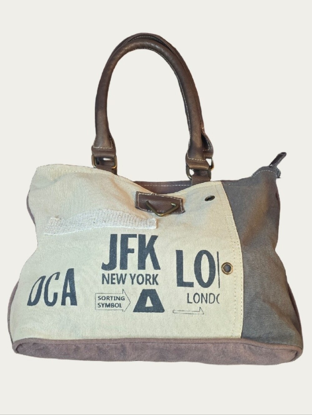 Myra Bag Beige and Brown Canvas Tote with Travel Print